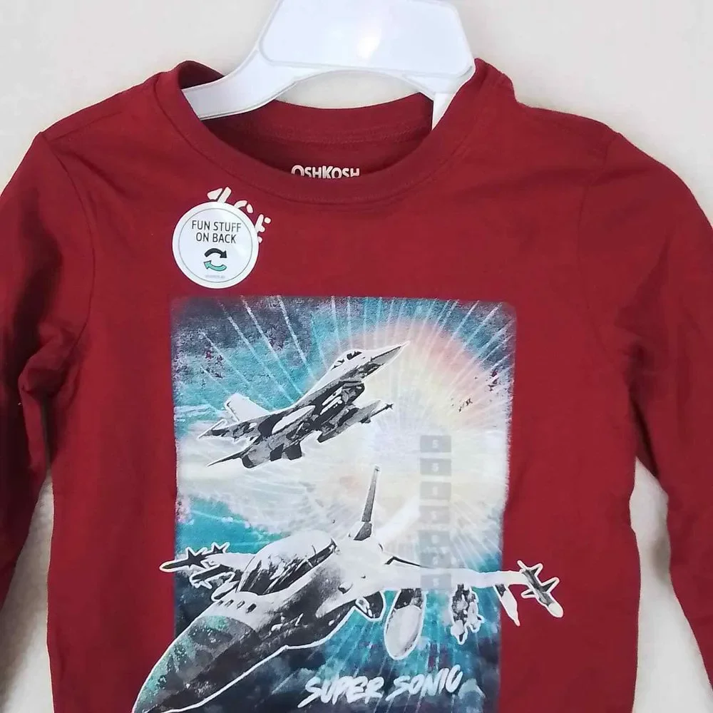 OshKosh Long Sleeve Cotton Tee Size 5 in Red w/ Fighter‎ Jet Theme